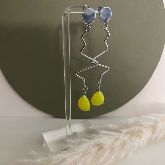 Minimalist Retro Silver & Yellow Earrings - Mid-Century Long Statement Earrings - Picture 5 of 15